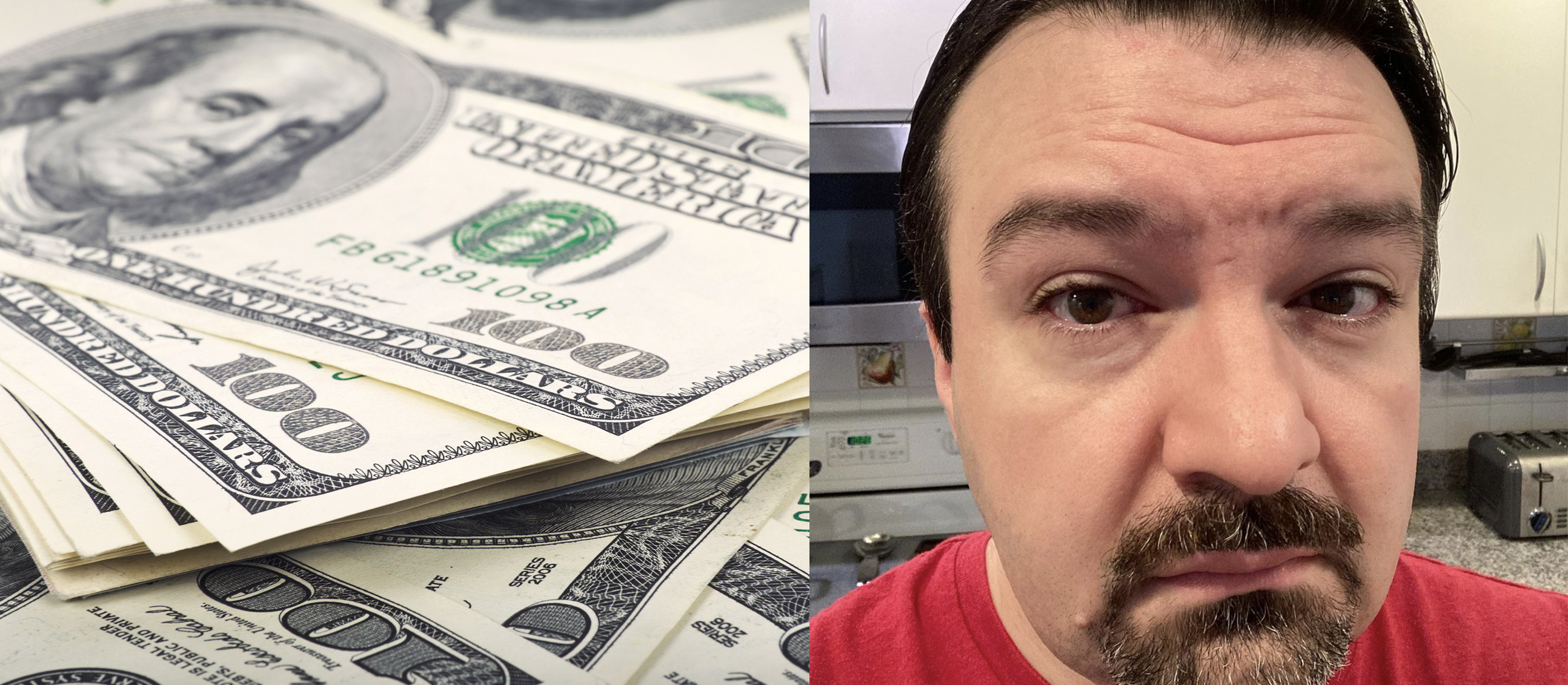 Cash and sad man split image