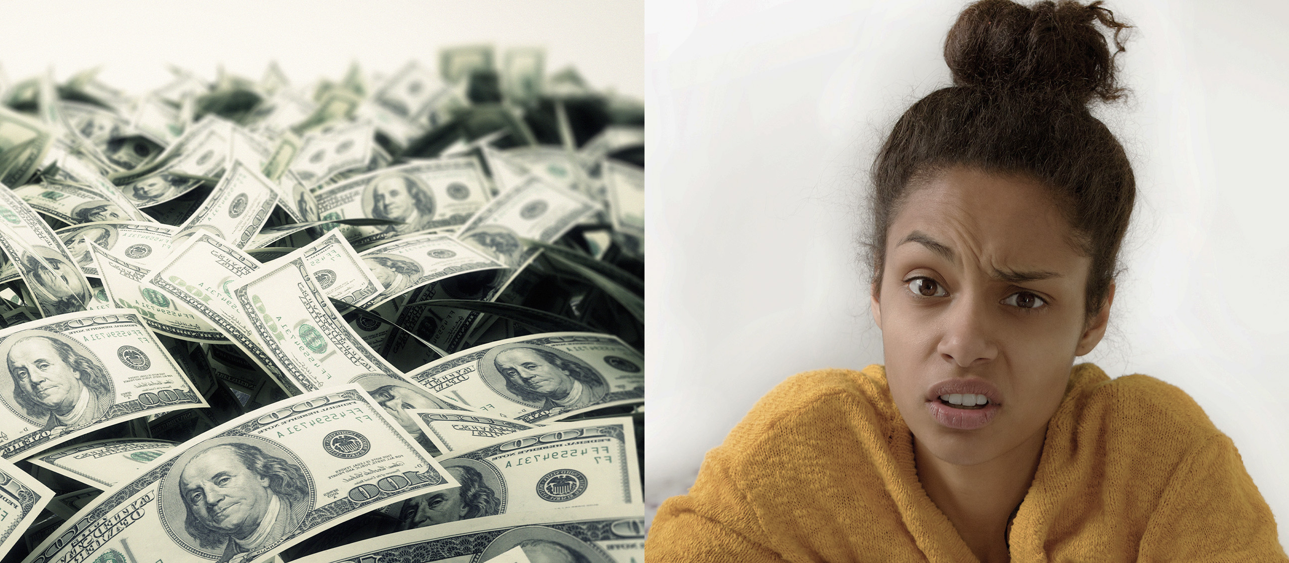 cash and woman in disbelief split