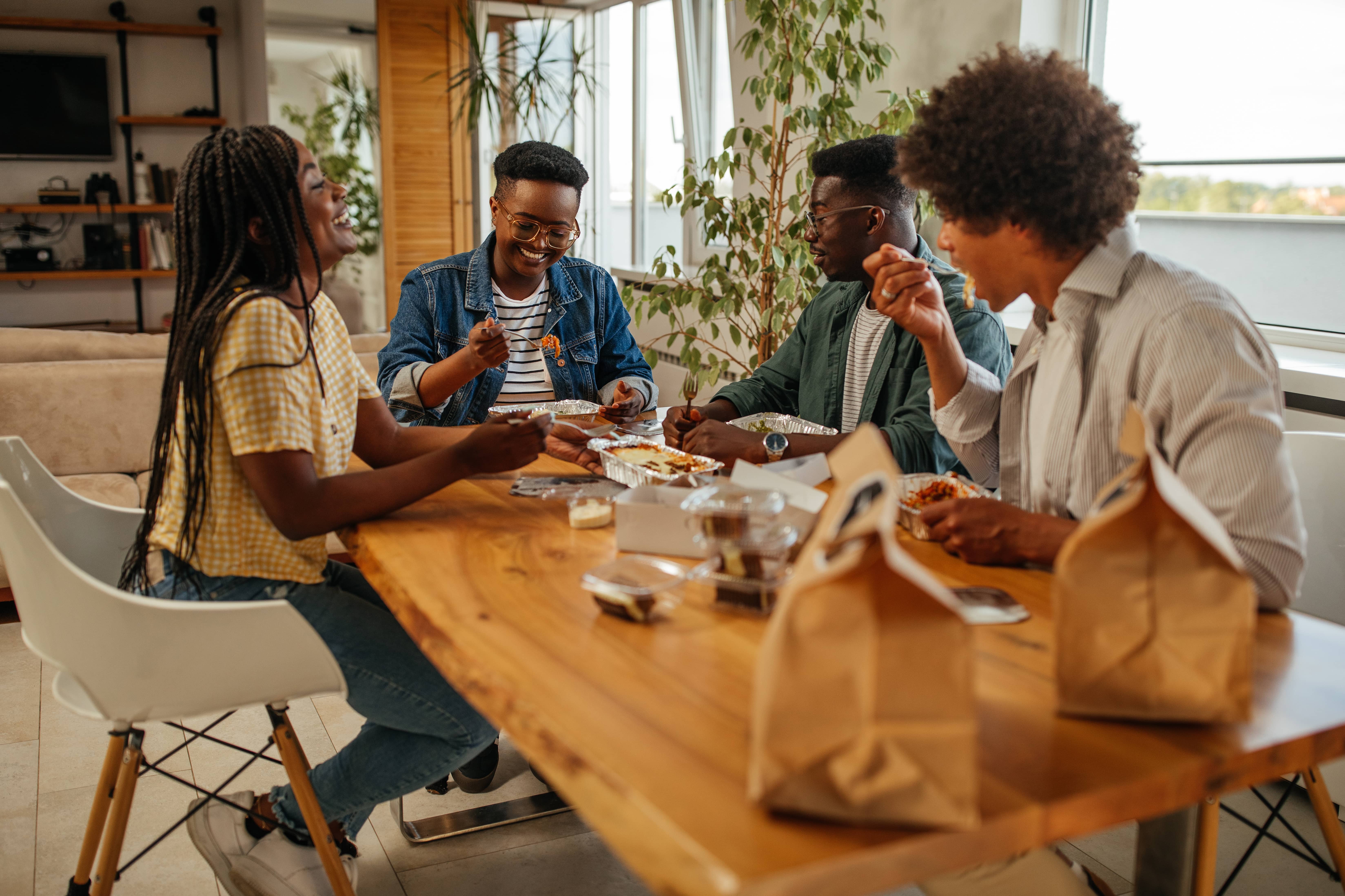 Family having take out dinner