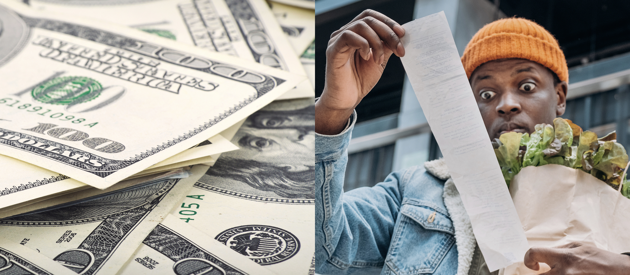 Cash and shocked man looking at receipt
