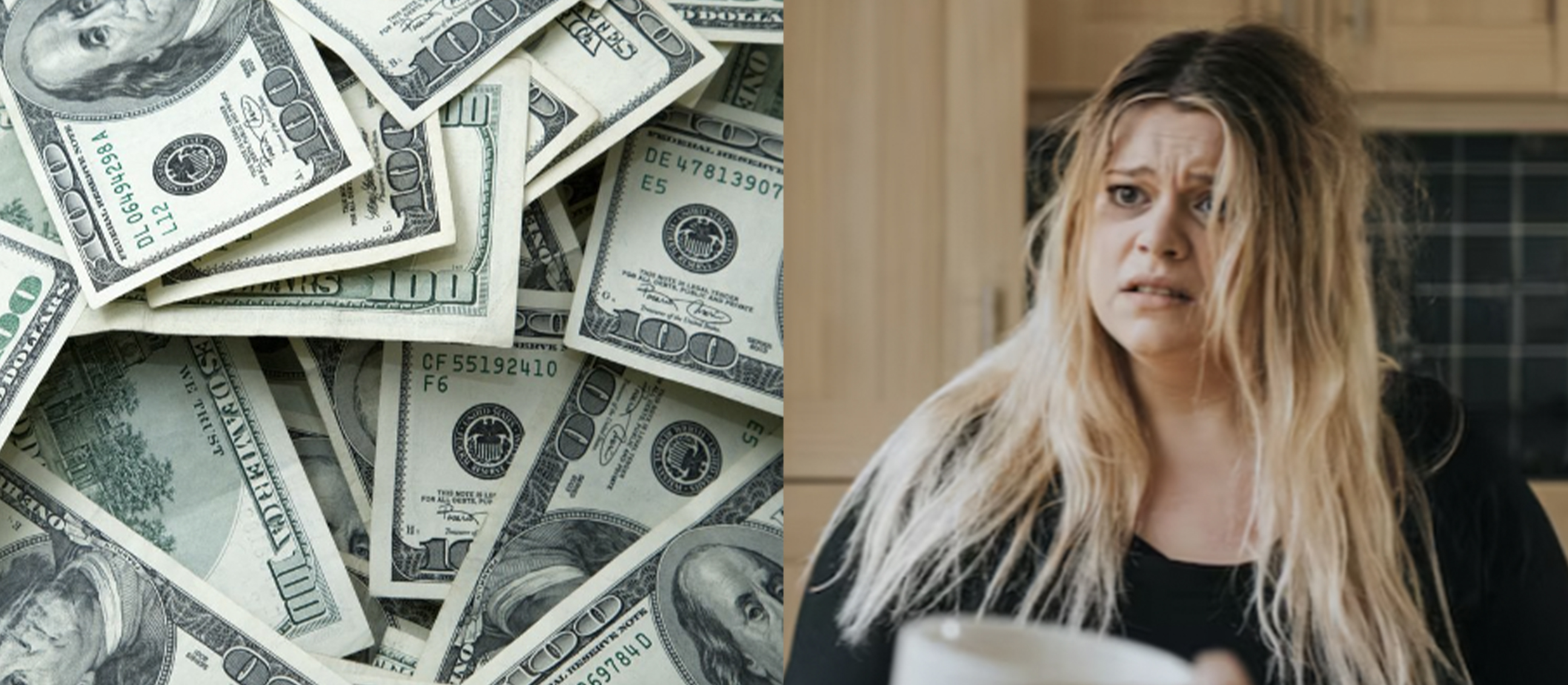 cash and upset woman split image