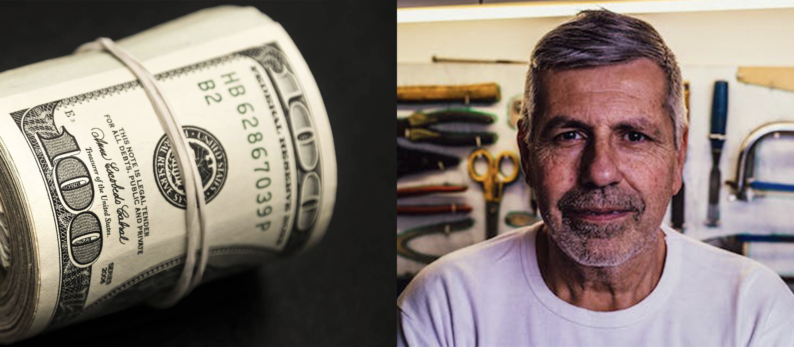 Roll of cash and middle aged man split image