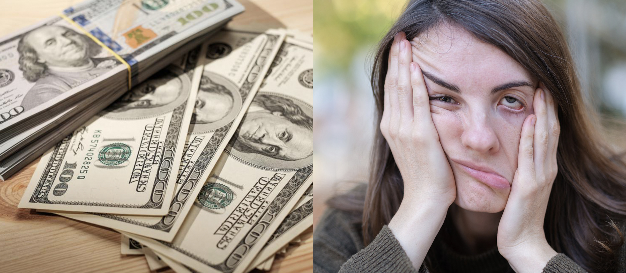 Cash and bored woman split image