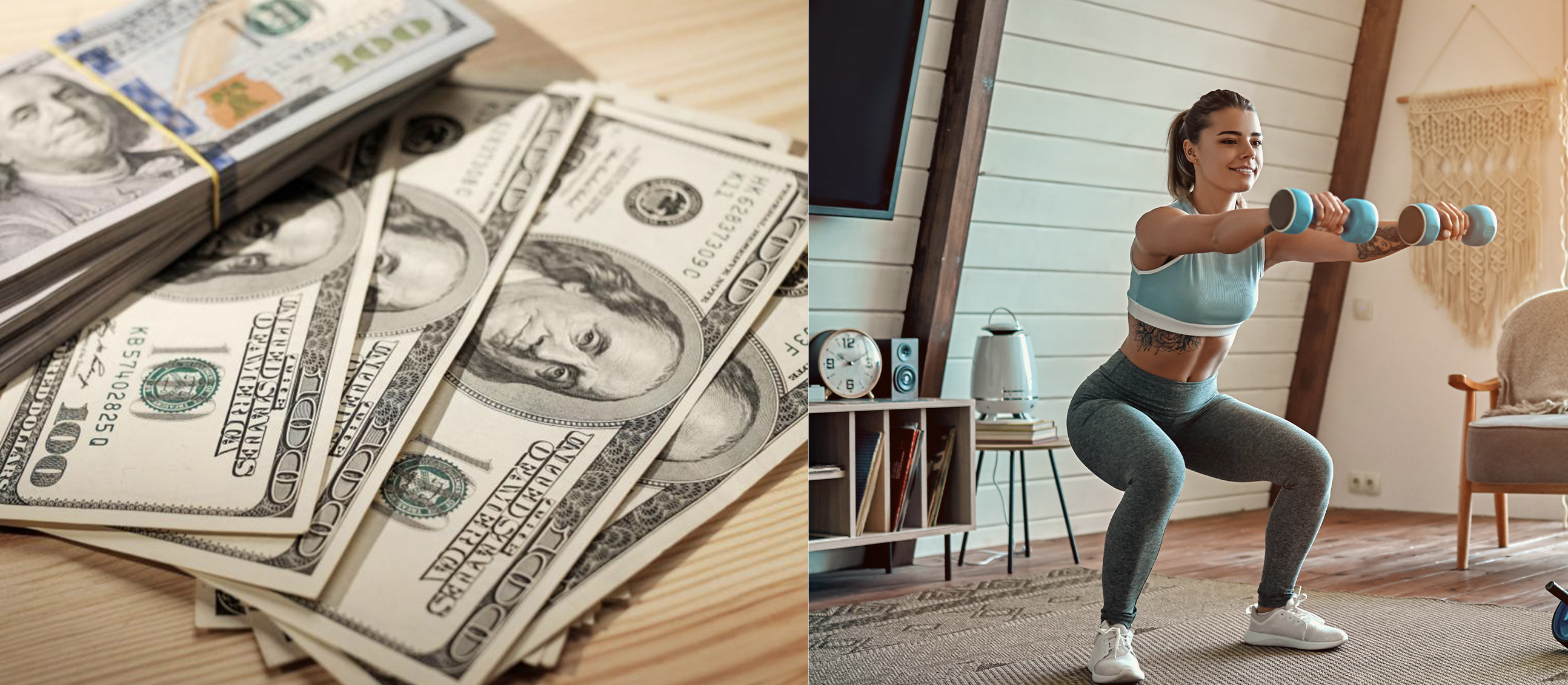 Cash and woman exercising split image