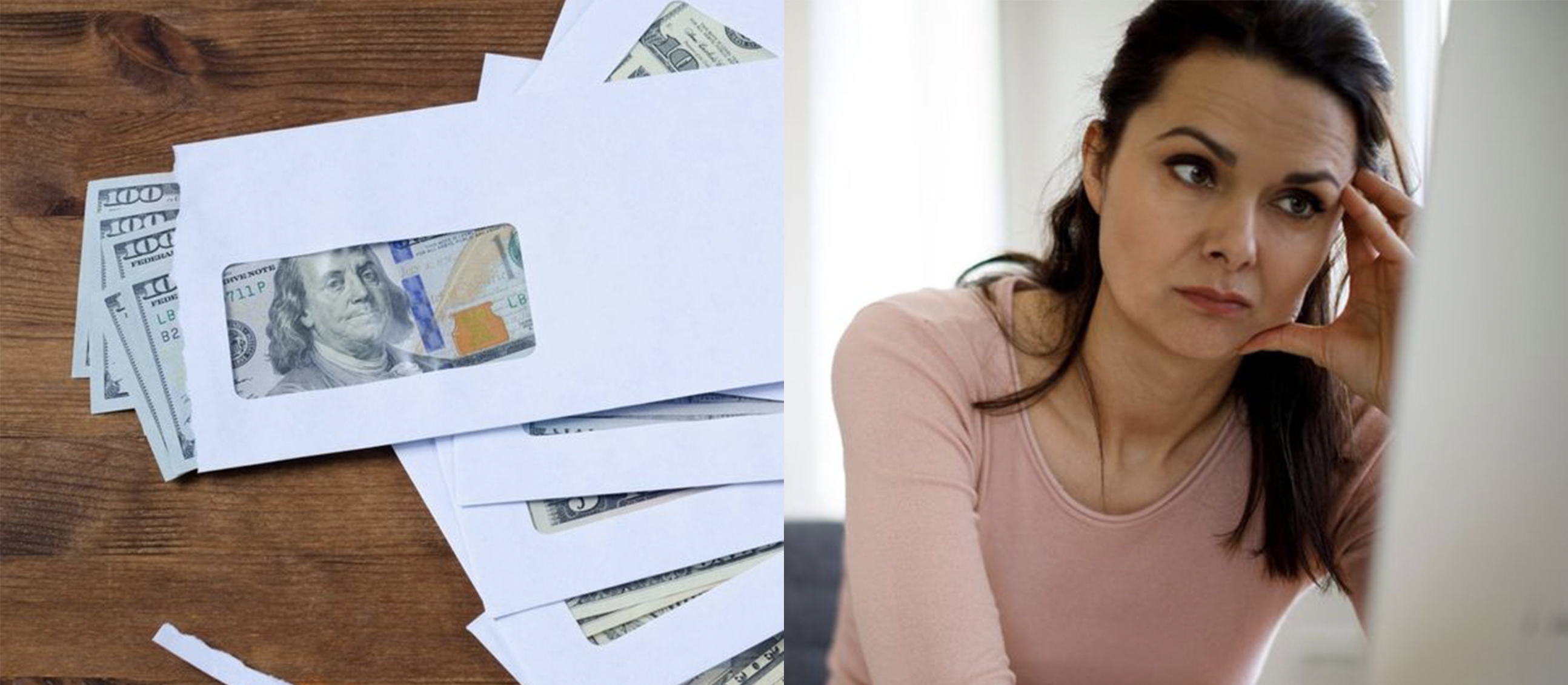 Envelopes with cash and stressed woman split image