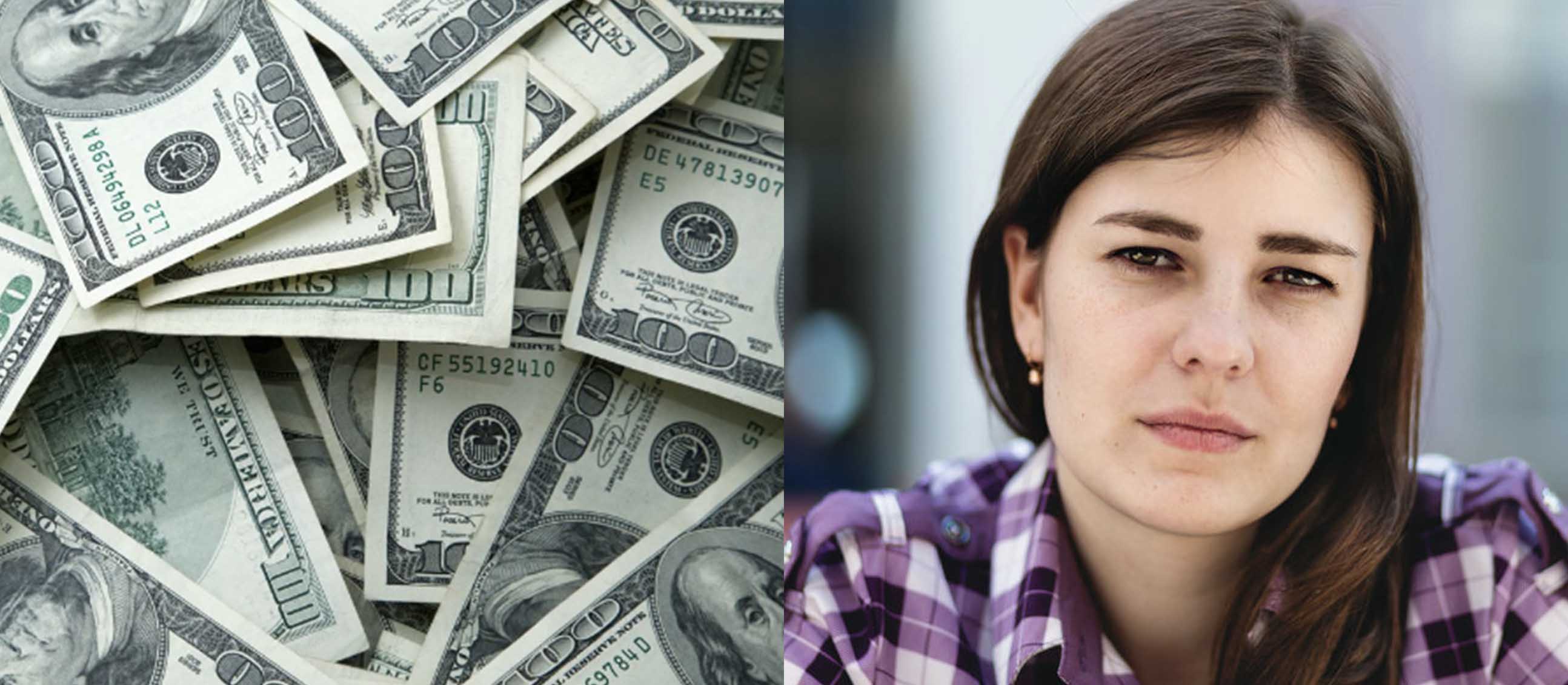 cash and woman split image