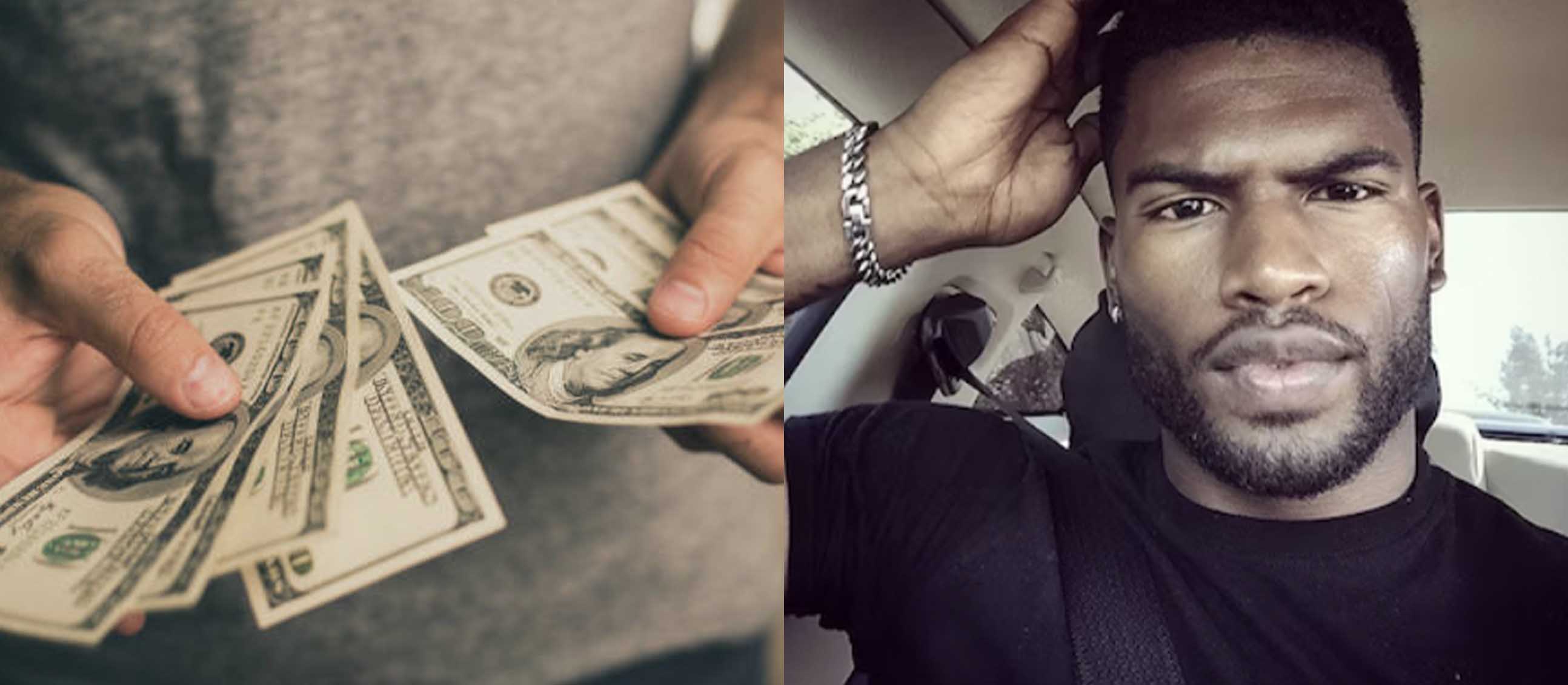 Cash in hand and confused man split image