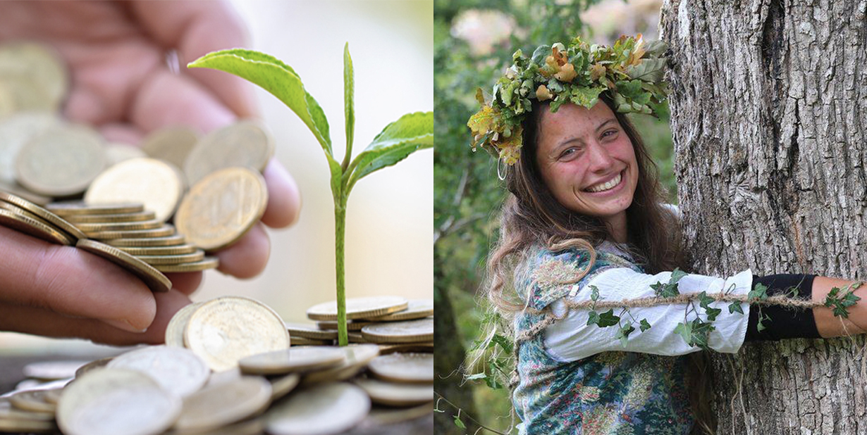 Cash and eco-friendly woman split image