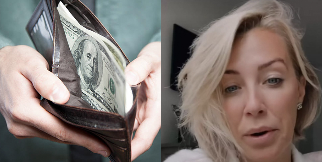 cash in wallet and confused woman split image