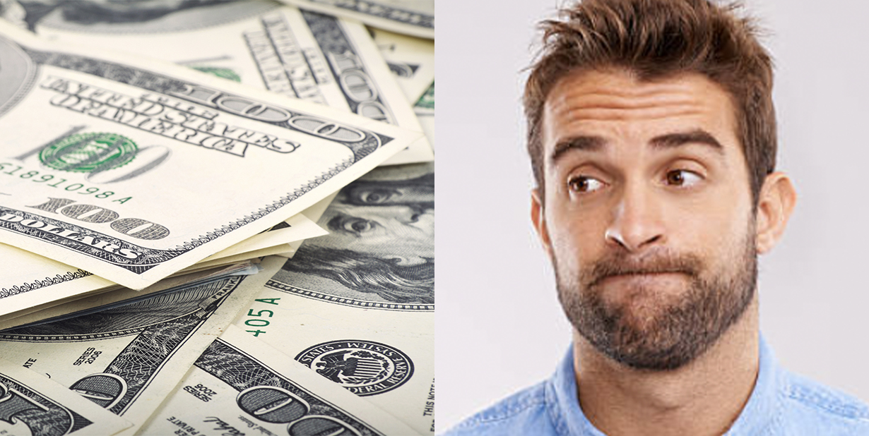 Cash and skeptical man split image