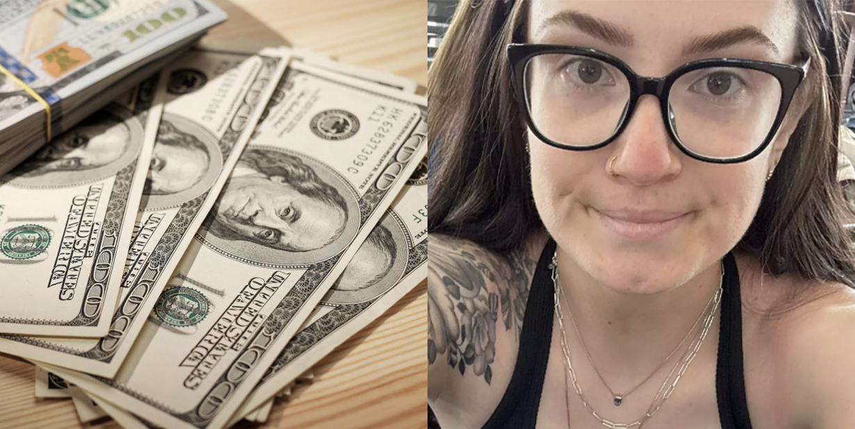 Cash and woman split image