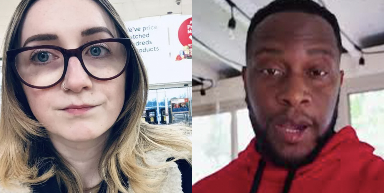 Annoyed woman and shocked man split image