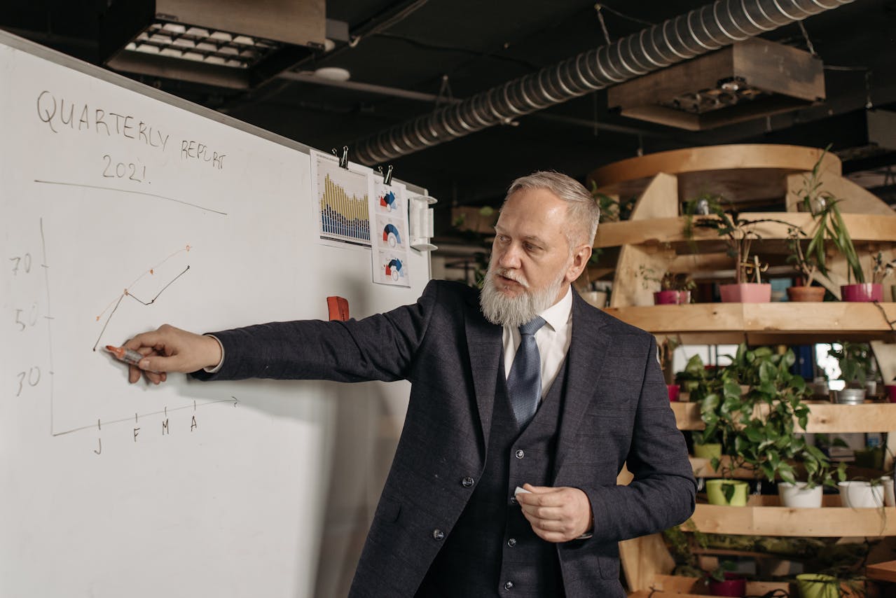 A Man pointing at a Graph on a White Board