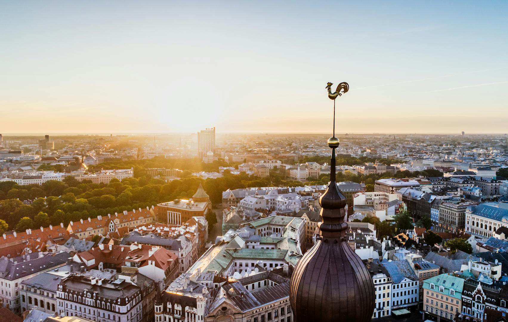 Aerial view during sunset of the capital city Riga