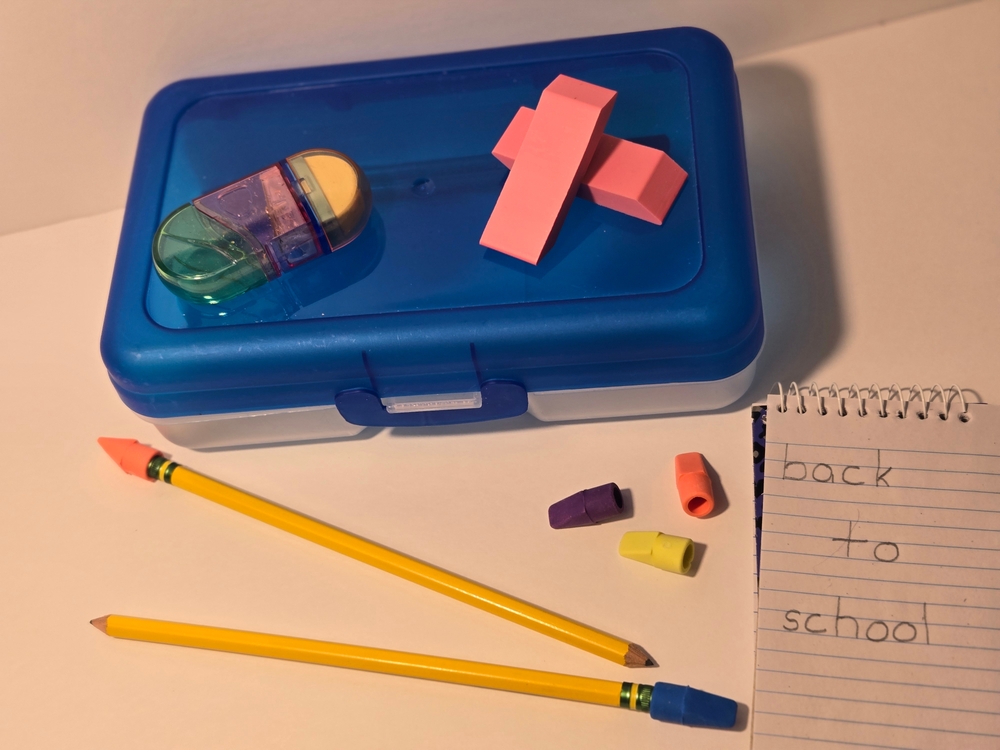 retro pencil box with blue lid
