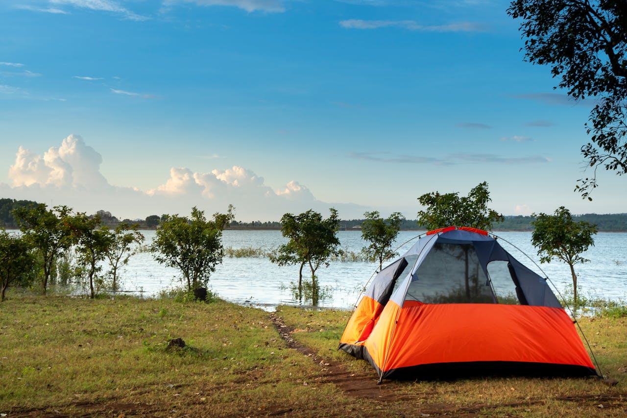 A camping tent on the lakeside