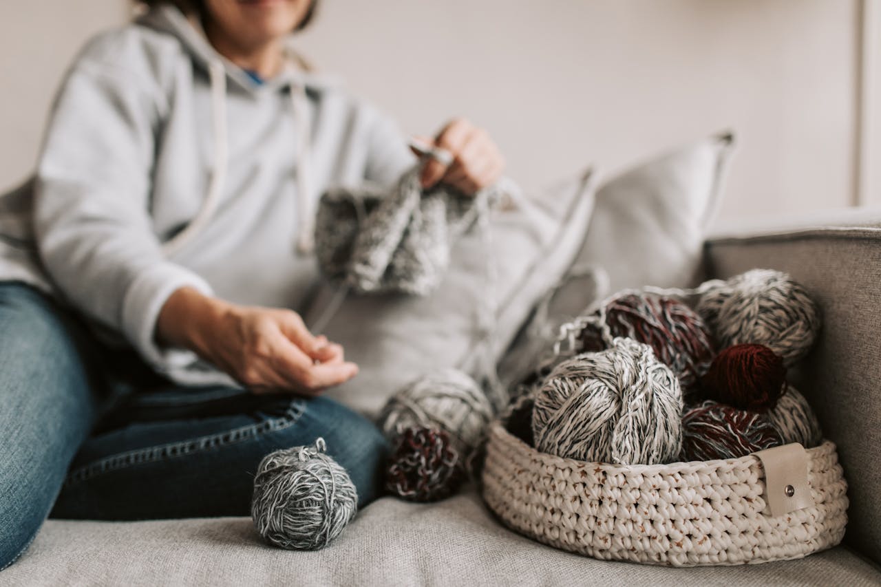 Balls of yarn in a woven basket