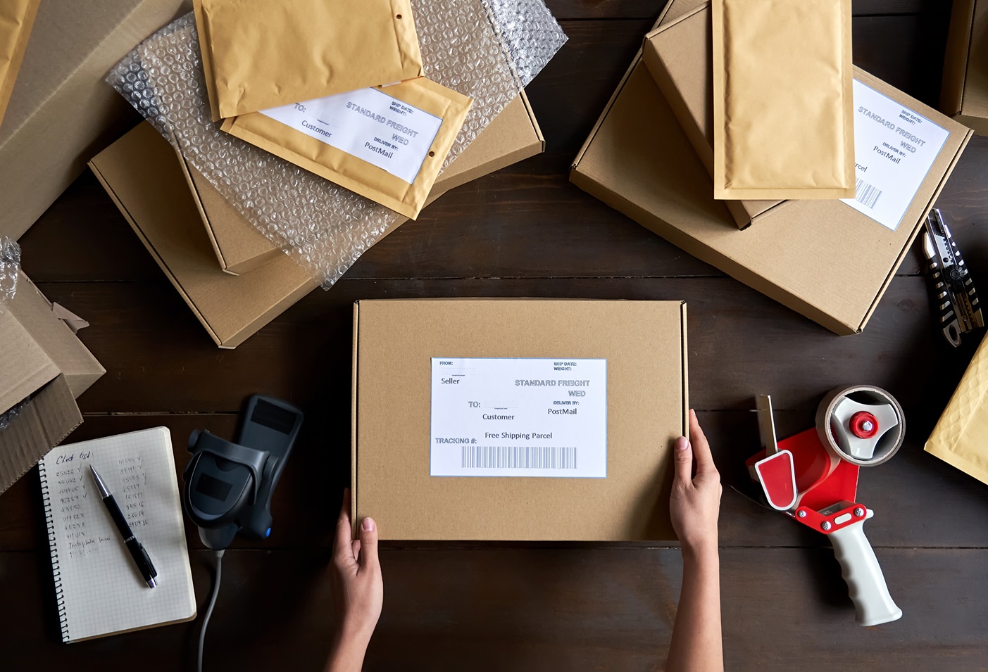 Above table top view of female warehouse worker or seller packing ecommerce shipping order box for dispatching