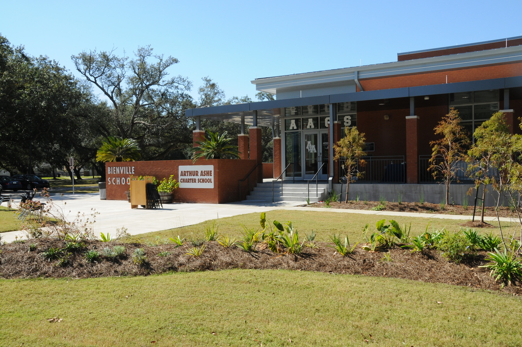 School yard and school entrance nearby