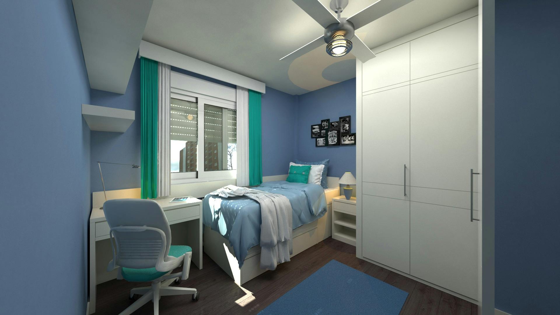 Rolling Chair in Front of Desk Beside Bed