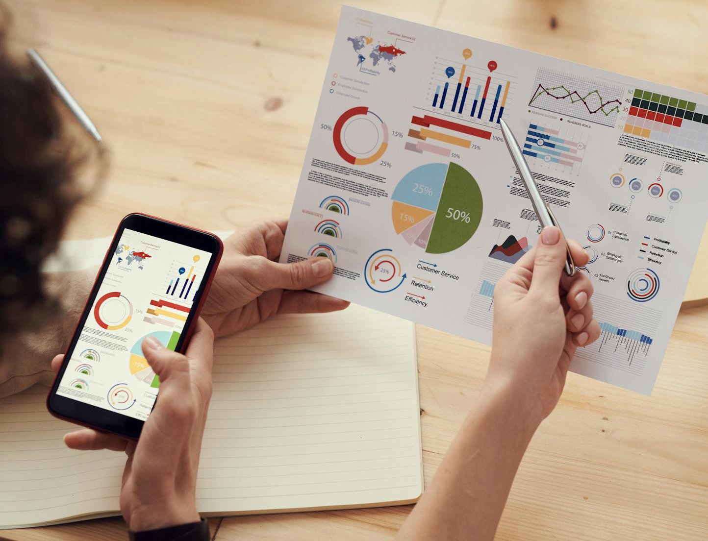 Collaborative moment between two individuals analyzing data and charts