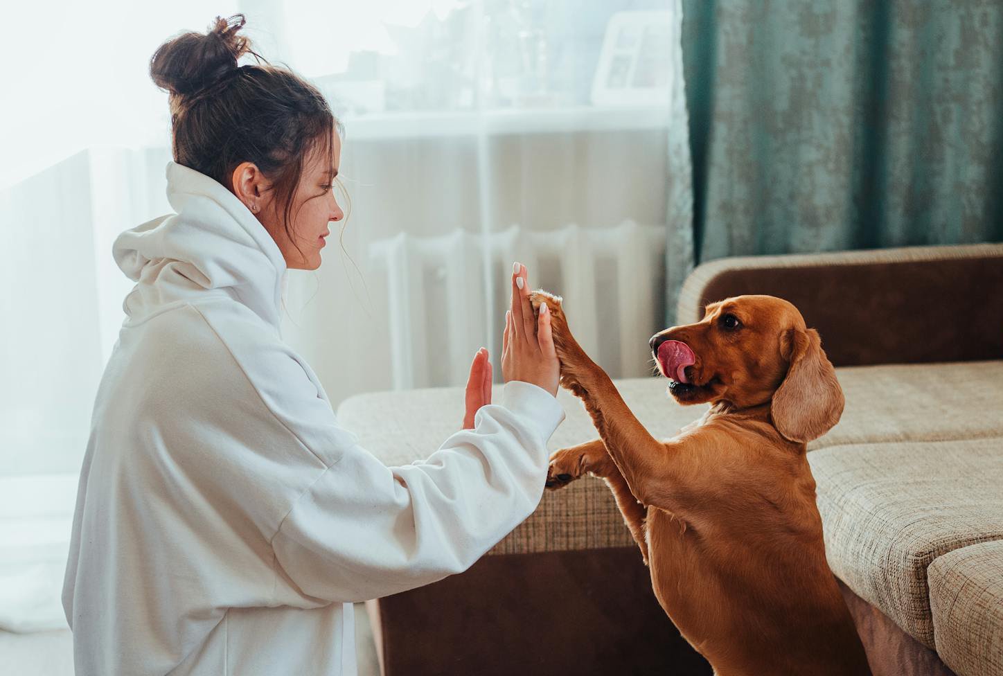 Woman in white outfit playing with dog at home