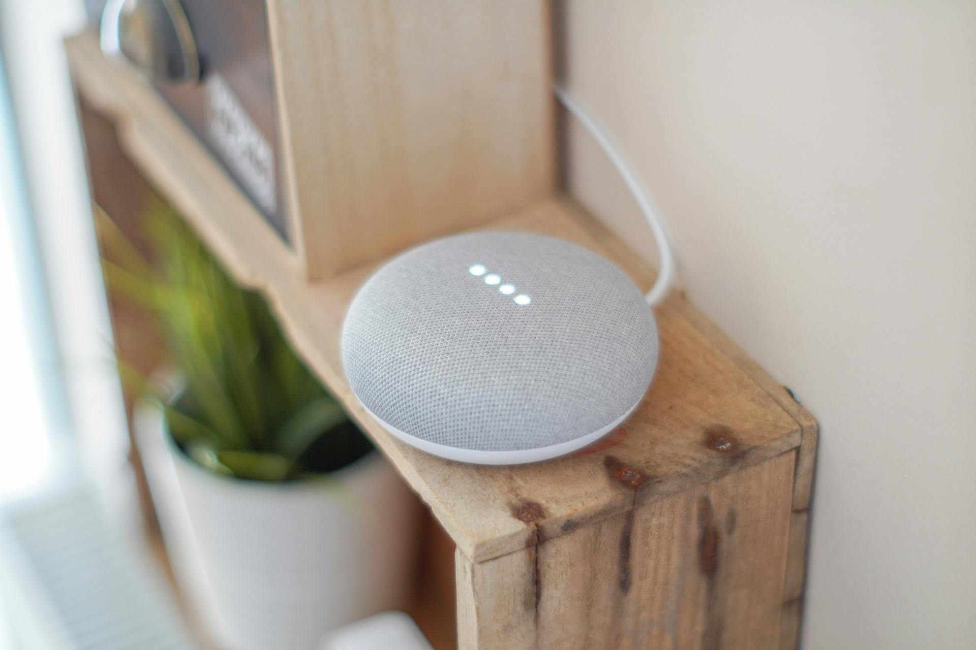 Round Grey Smart Speaker On Brown Board
