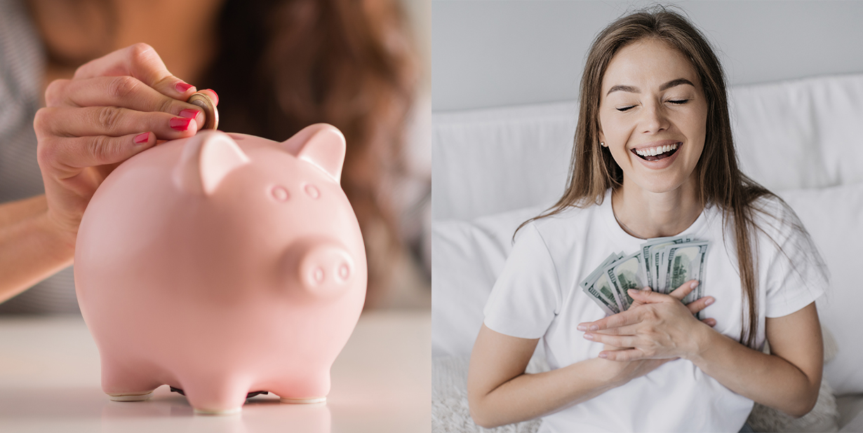 piggy bank and woman split image