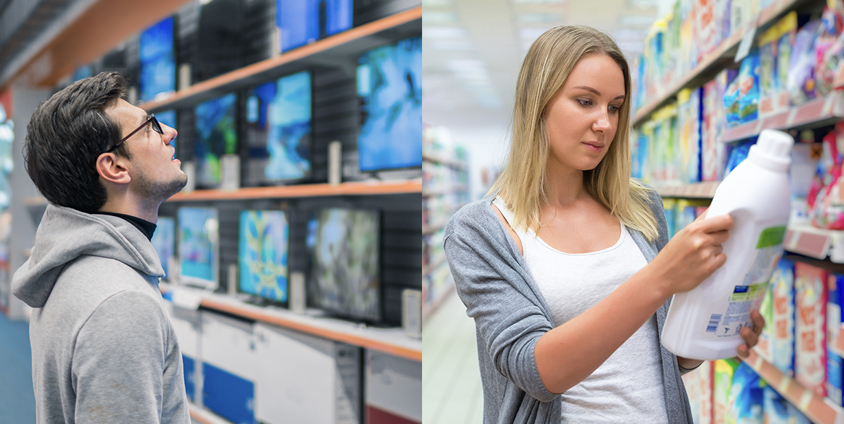 man looking at tvs and woman looking at laundry soap split image
