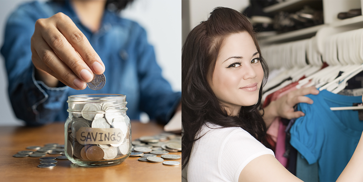 coins and woman shopping split image