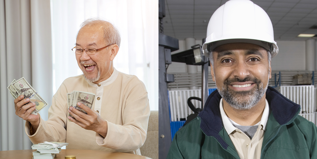 happy man with money and factory worker split image