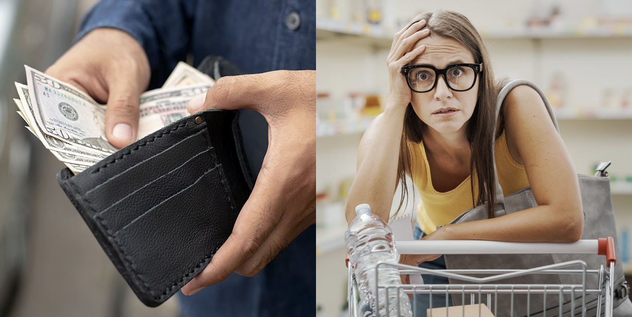 wallet and worried woman split image
