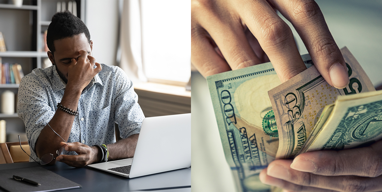 overwhelmed man and cash in hand split image