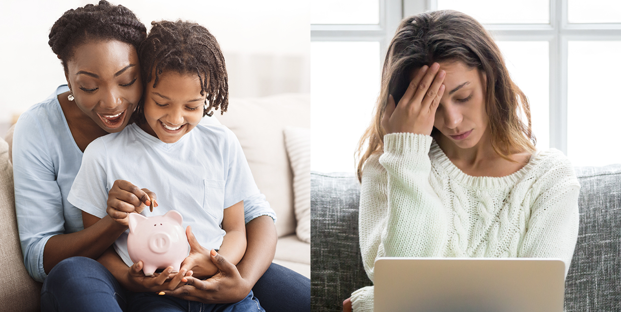 Mother and child and stressed young adult split image