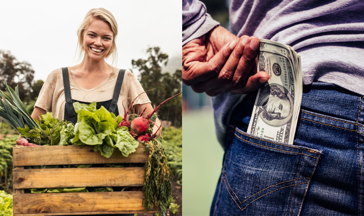 woman with veggies and money in pocket split image