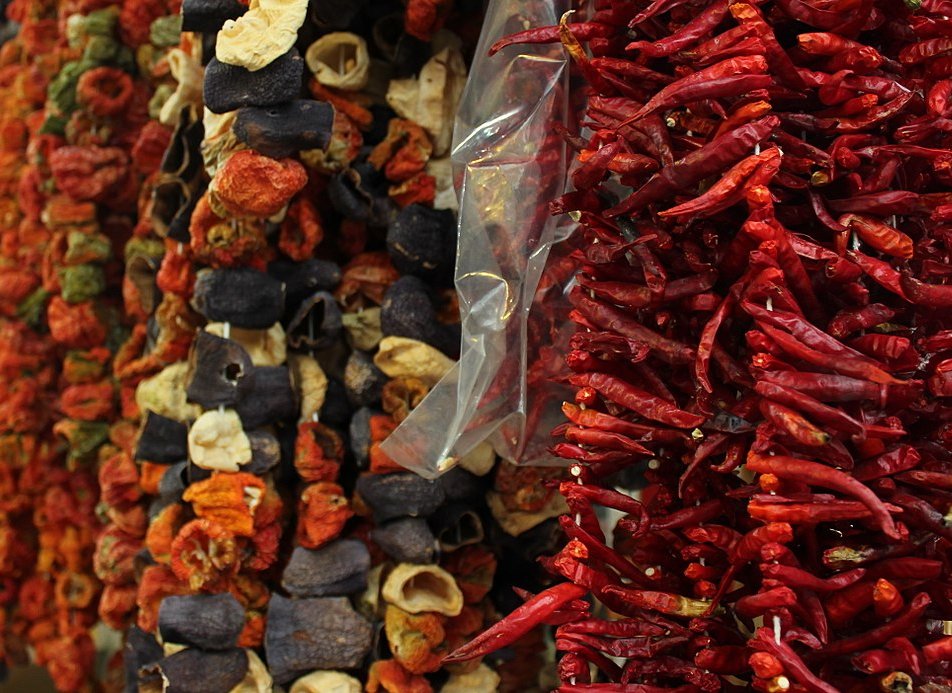 Close Up Photo of Dried peppers and aubergine