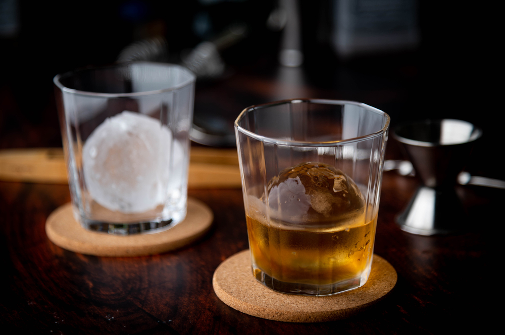 whiskey glass with perfect ice ball