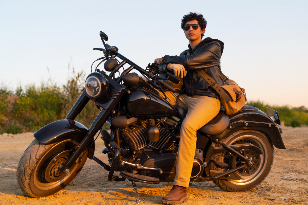 Full shot man seating on motorbike.