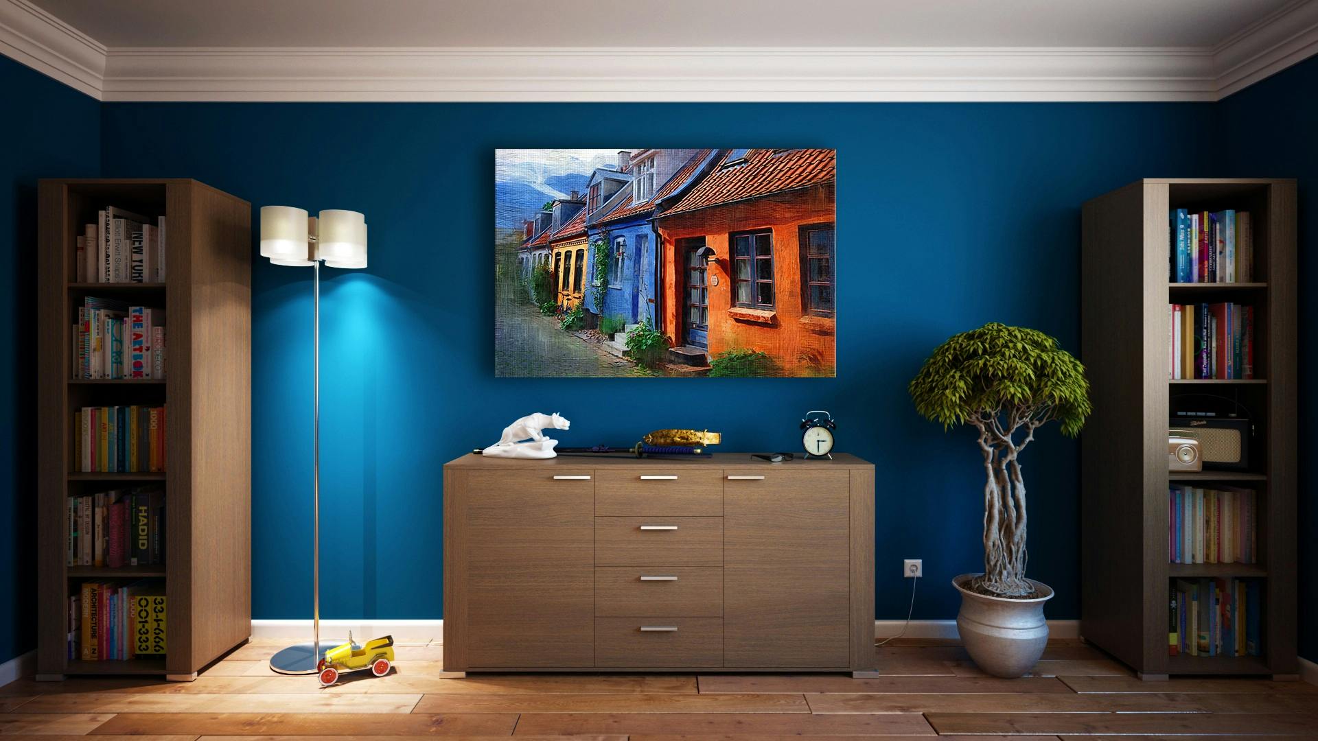 Interior design with blue wall and painting