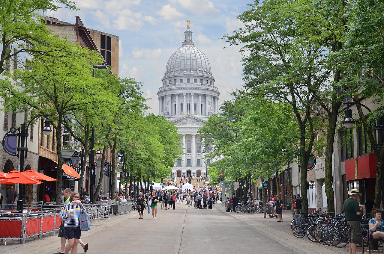 Looking toward the State Capitol in Madison, Wisconsin on the 100 block of State Street on a farmers' market