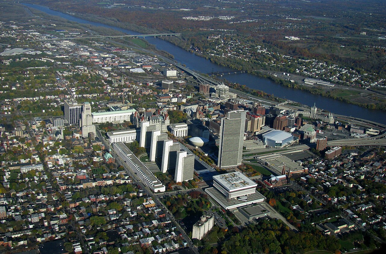 Aerial view of the Hudson River and the city of Albany