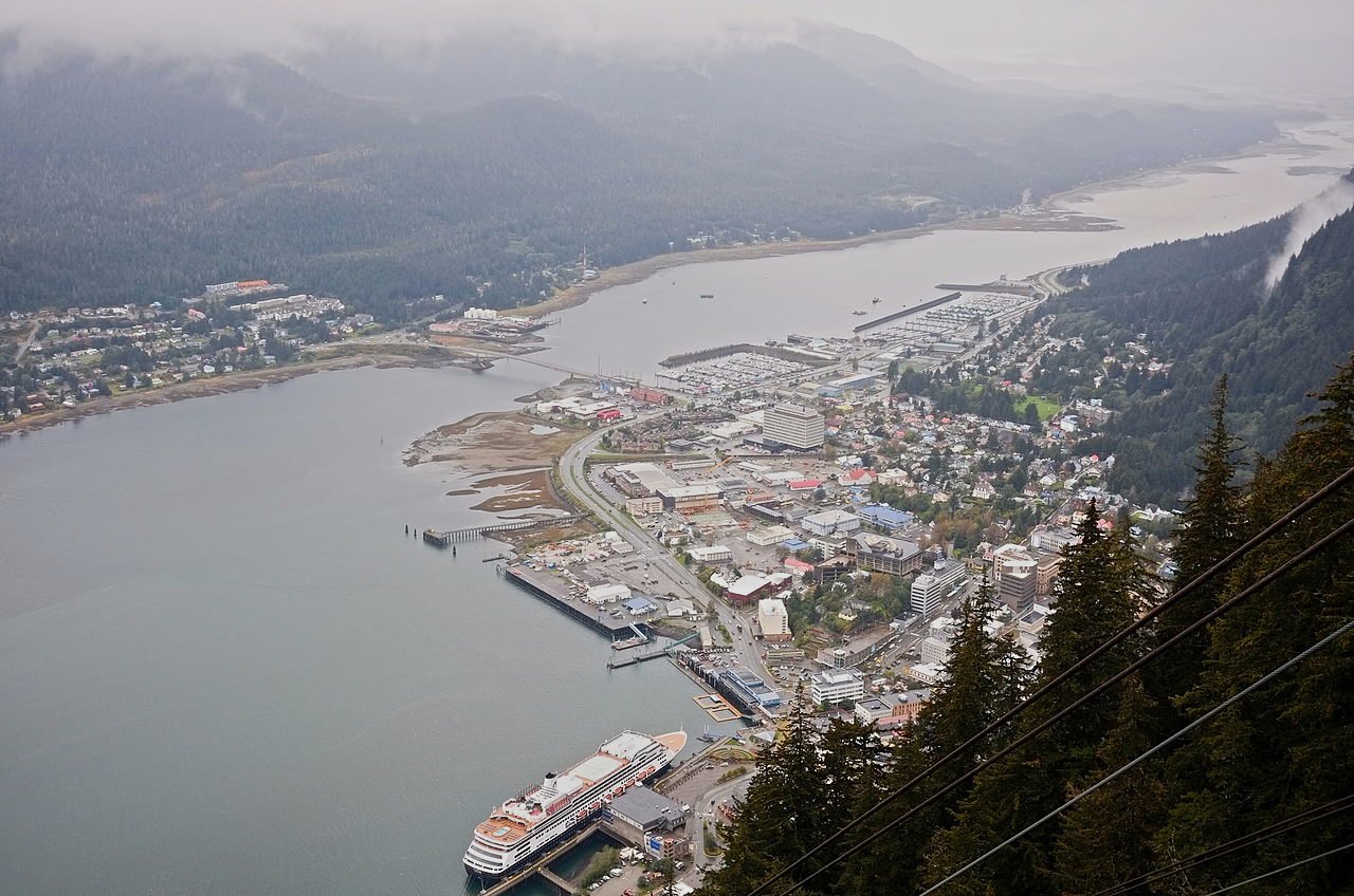 Aerial view of Downtown Juneau, the cruise ship port, and Douglas Island