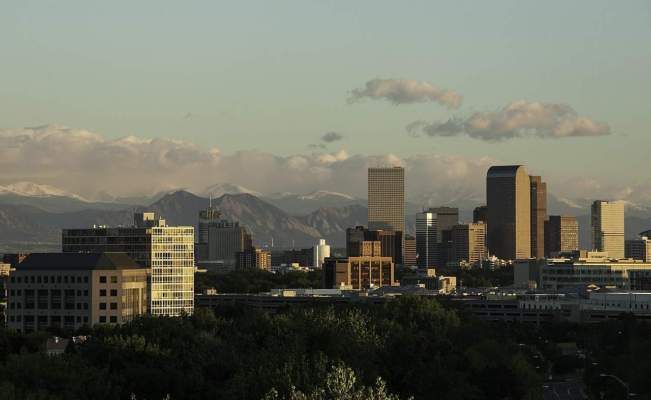 Denver skyline with Rocky Mountains in the background