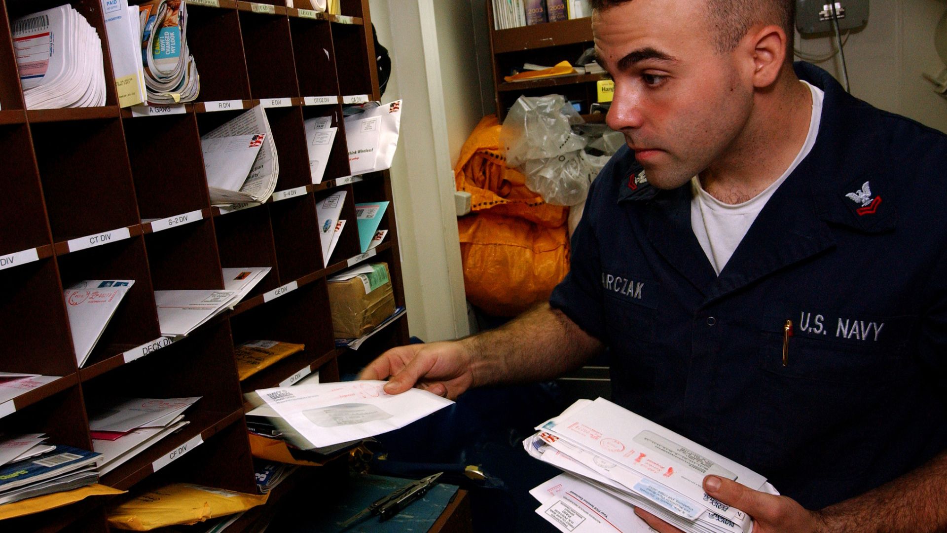 File:Mailroom at cruiser USS Normandy.jpg