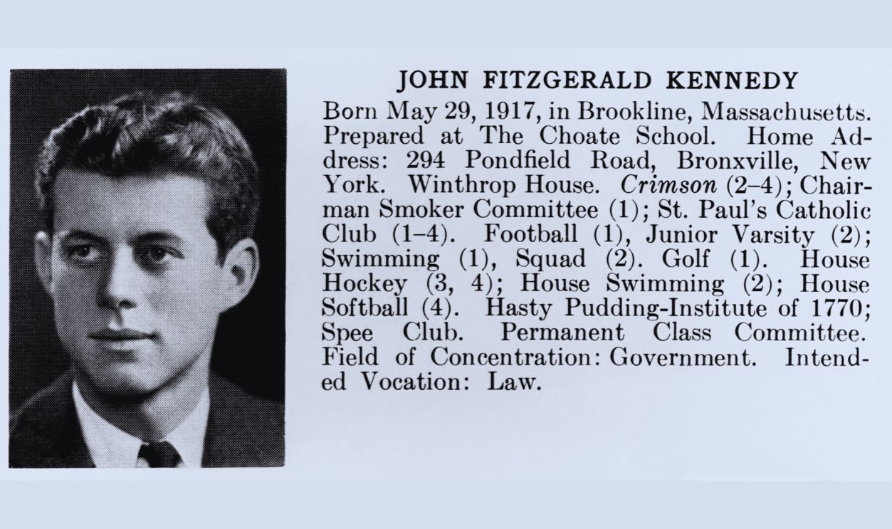 Gettyimages - 615299516, John F. Kennedy's Harvard yearbook photograph and summary of activities. John F. Kennedy's Harvard yearbook photograph and summary of activities.