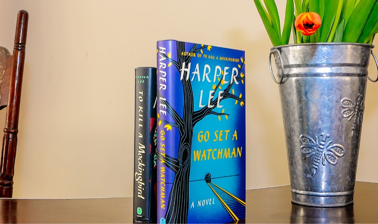 Monroeville, Alabama, USA - Feb. 19, 2016: Author Harper Lee’s books are displayed beside a vase of tulips at the Old Courthouse Museum after the author’s death in Monroeville, Alabama.
