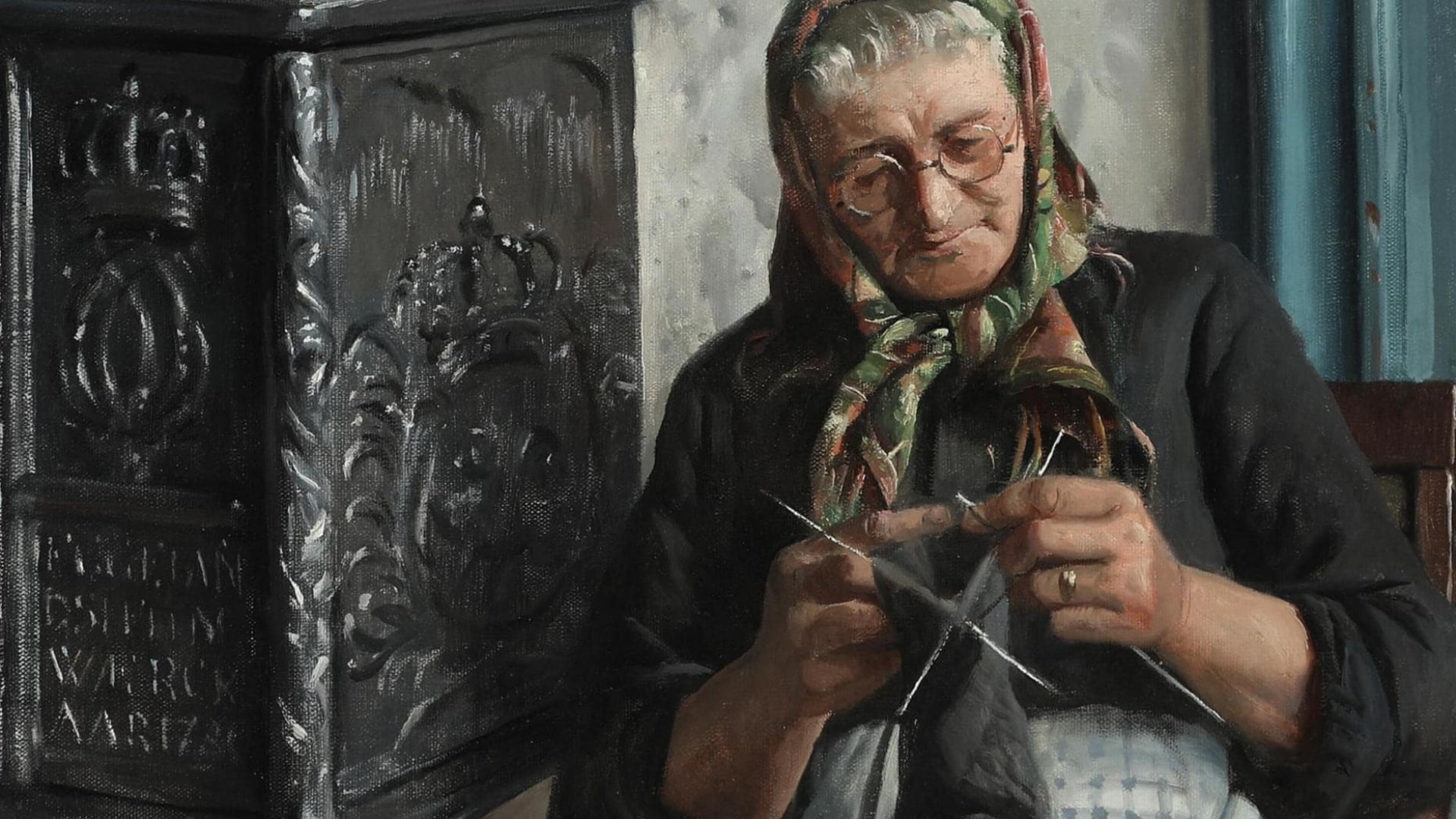 File:Peder Mørk Mønsted An old lady knitting in the kitchen 1927.jpg