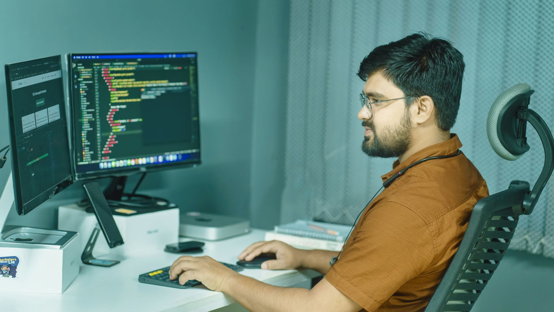 a man sitting at a desk using a computer