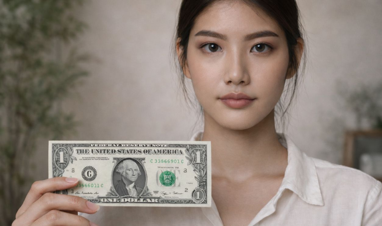 Woman holding a one dollar bill