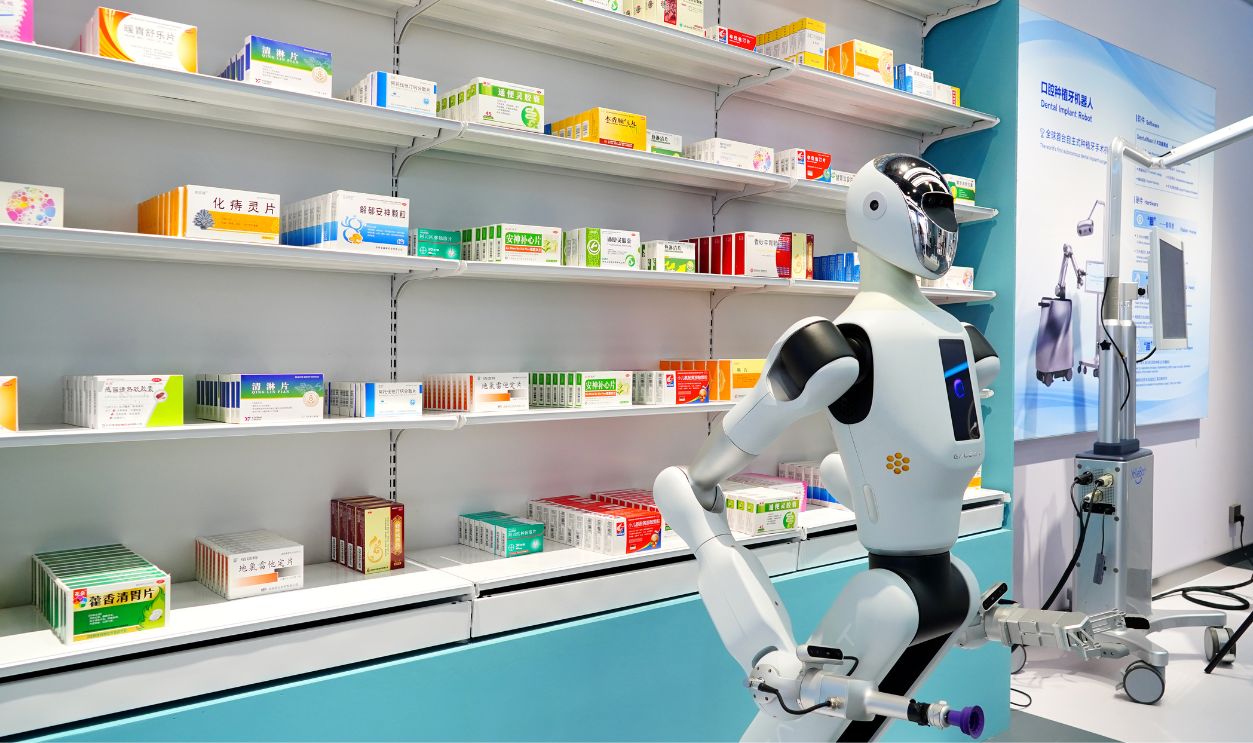 A humanoid robot is on display at the Robot Mall, world's first embodied intelligent robot 4S store, on August 13, 2025 in Beijing, China. The 4S store showcases over 50 robots across seven major categories, including medical, manufacturing, companion, bionic, bipedal humanoid, integrated, and wheeled humanoid robots.